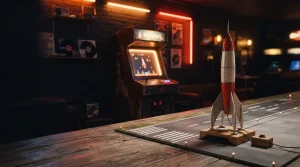 A small vintage rocket on a miniature runway, with a softly glowing arcade cabinet in a dark entertainment lounge