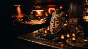 Carved ceremonial mask beside glowing candles in a moody night bar, with a softly lit gaming table in the background