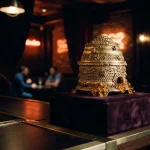Golden beehive on a dark velvet pedestal with warm neon lighting and a softly glowing slot machine in the background