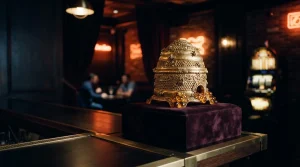 Golden beehive on a dark velvet pedestal with warm neon lighting and a softly glowing slot machine in the background