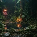 A lush night-time jungle clearing glowing with warm neon, with an old arcade cabinet tucked among tropical ferns