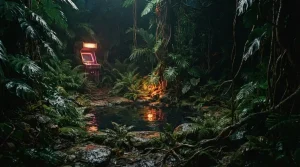 A lush night-time jungle clearing glowing with warm neon, with an old arcade cabinet tucked among tropical ferns