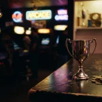 A gleaming victory cup in a dark neon arcade, with softly lit gaming cabinets and a reward shelf behind it