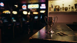 A gleaming victory cup in a dark neon arcade, with softly lit gaming cabinets and a reward shelf behind it
