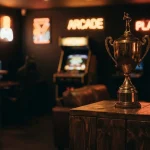 A polished brass trophy beneath warm neon light, with a retro arcade cabinet in a dark gaming lounge behind it