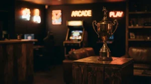 A polished brass trophy beneath warm neon light, with a retro arcade cabinet in a dark gaming lounge behind it