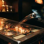A chrome pinball flies above a dark arcade launcher under warm neon lights, with a trophy shelf softly blurred behind.