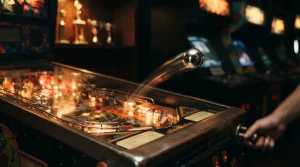A chrome pinball flies above a dark arcade launcher under warm neon lights, with a trophy shelf softly blurred behind.